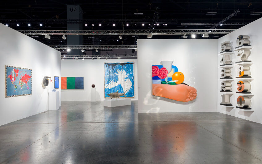 Bright, bold artworks including pop-style installations and colorful canvases featured at Art Basel Miami.